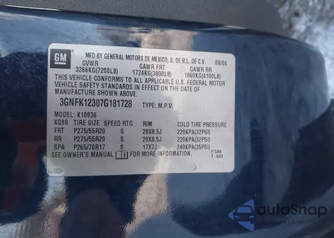 2007 Chevrolet Avalanche 1500 Lt from USA, damaged, VIN 3GNFK12307G181728